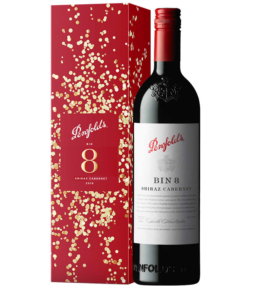 Bin 8 Shiraz Cabernet Bottle with red gift box covered in gold confetti